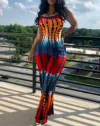 Tuta da donna Summer Fashion Tie Dye Print U Neck senza maniche Casual Pocket Design Skinny Daily Long tuta abbigliamento donna