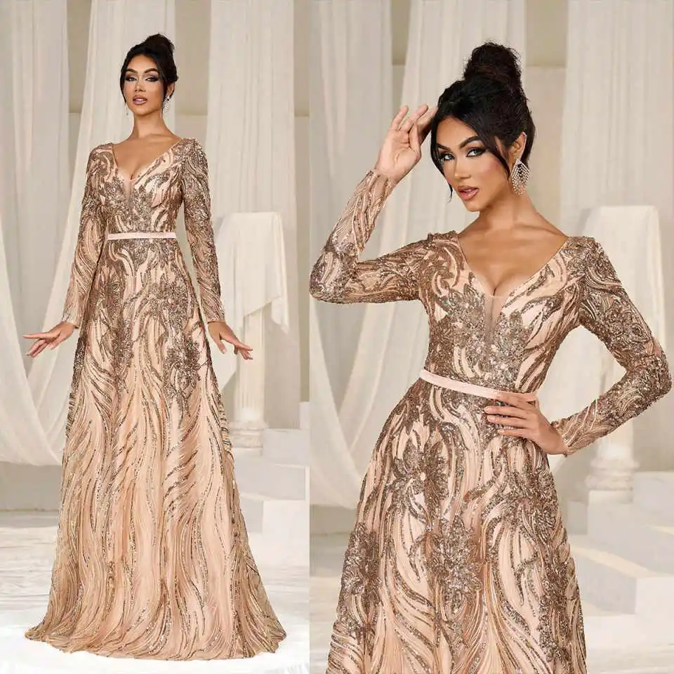 

Luxury Evening Dresses V-Neck Long Sleeve A Line Appliques Crystal Formal Occasion Party Customized Vestido De Novia