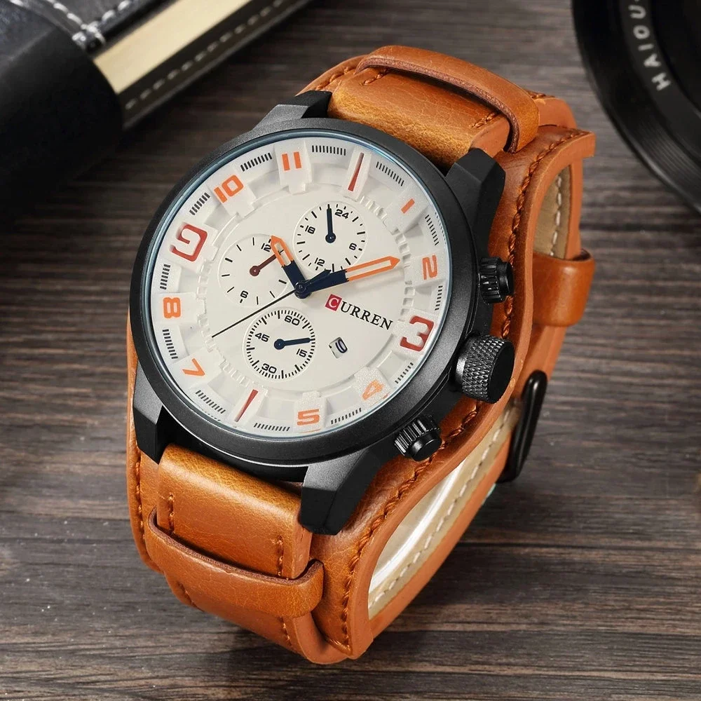 CURREN-reloj deportivo de cuero para hombre, cronógrafo de pulsera, resistente al agua, con calendario, estilo militar, 8225