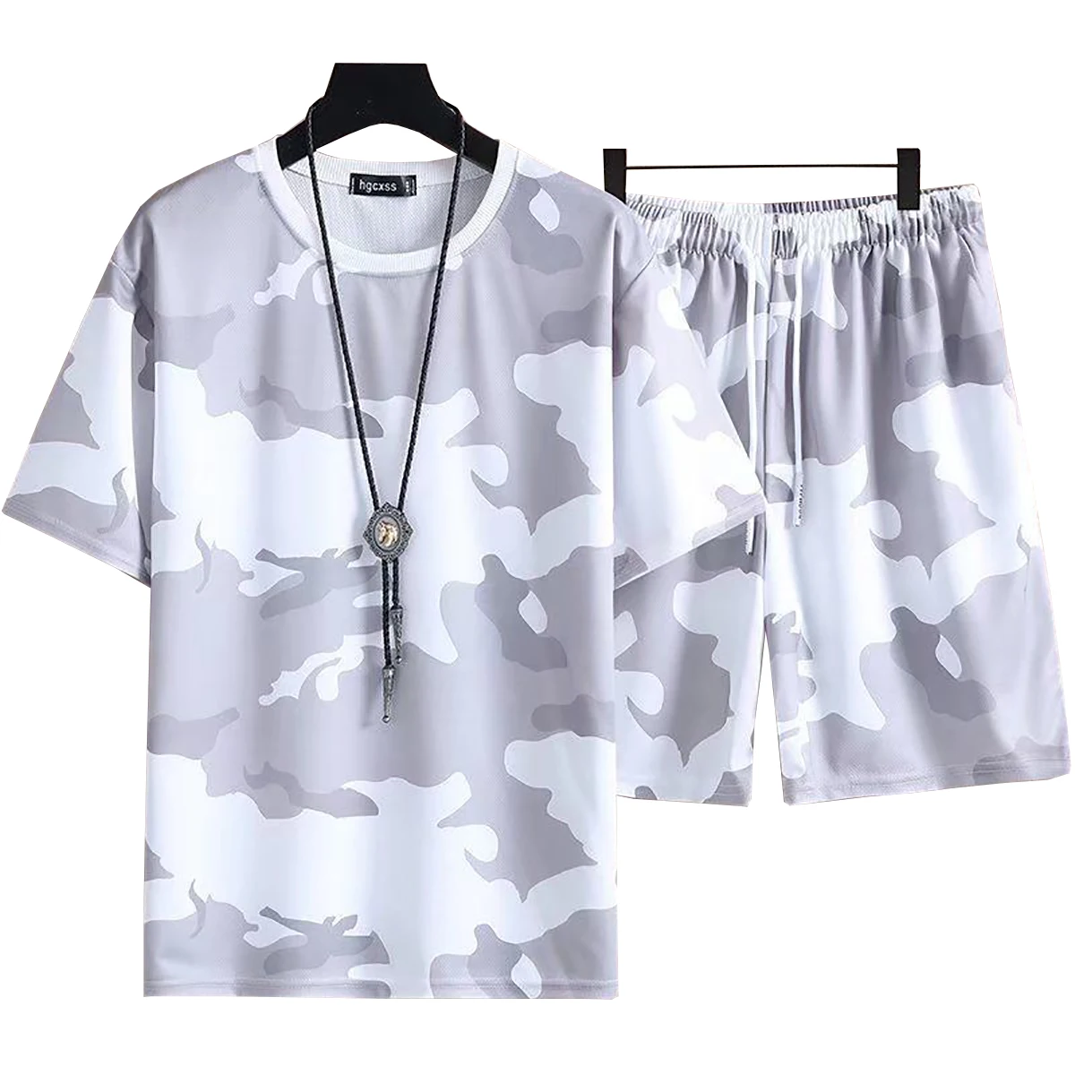 Men's Short Sleeved T-shirt Casual Shorts Set Round Neck Camouflage Pattern Spring Summer Sports Young Student Clothing