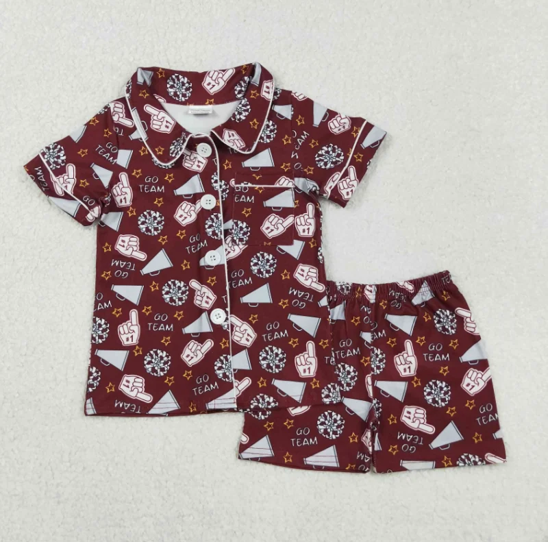 

GSSO2678 Children Kids GIrls Boys Cheer Wine GO TEAM Print Sets Girls Buttons Summer Pajamas Clothes Set