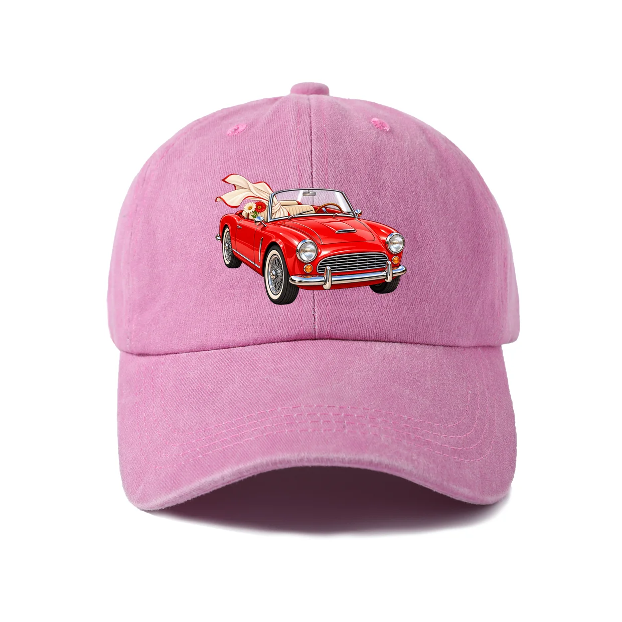 Red Convertible Bunny Graphic Vintage Washed Baseball Cap, Adjustable Unisex Dad Hat, Casual Gift
