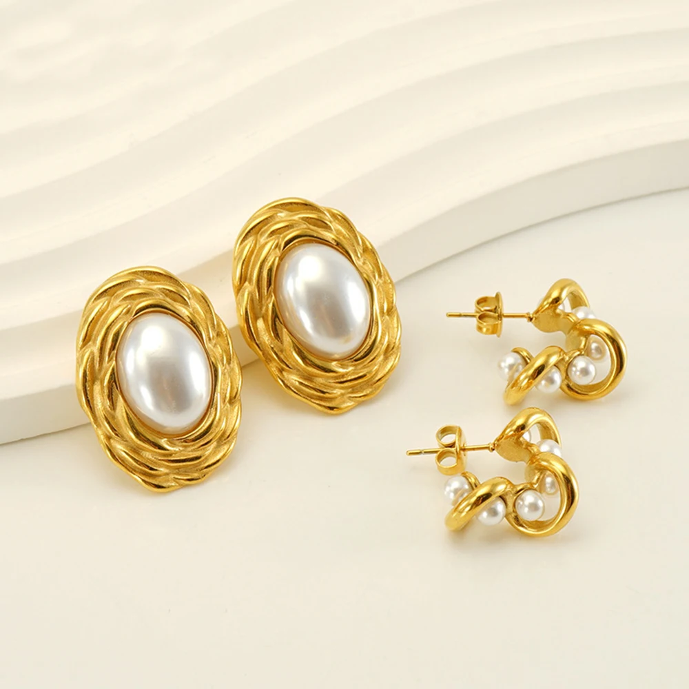 

Wholesale Fashion Dangle Jewelry 18k Gold Plated Stainless Steel Freshwater Pearl Stud Earrings for Women