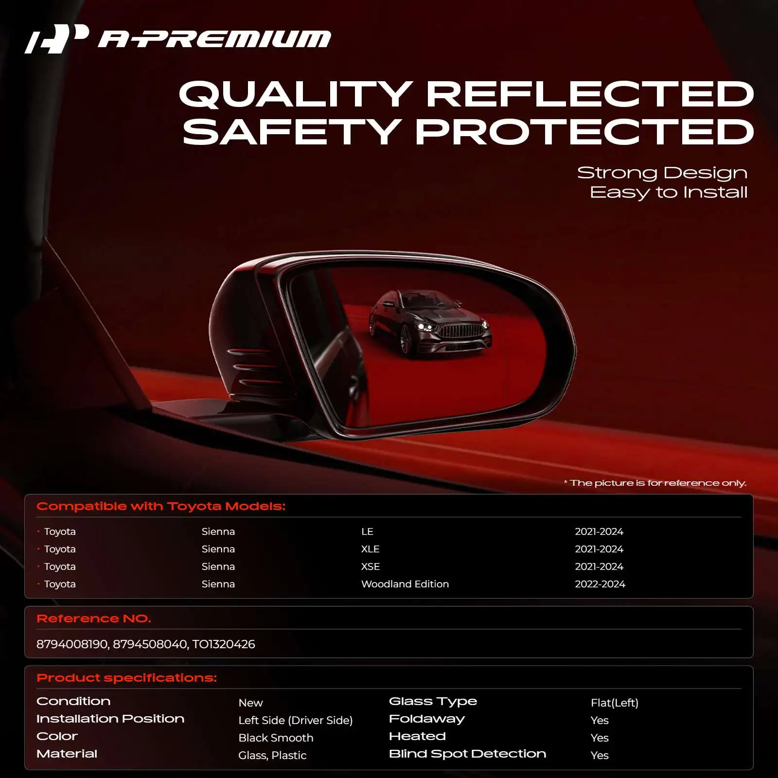 A-Premium Driver Side Power Door Mirror for Toyota Sienna 2021-2024 Manual Folding Blind Spot Detection Heated Smooth Black