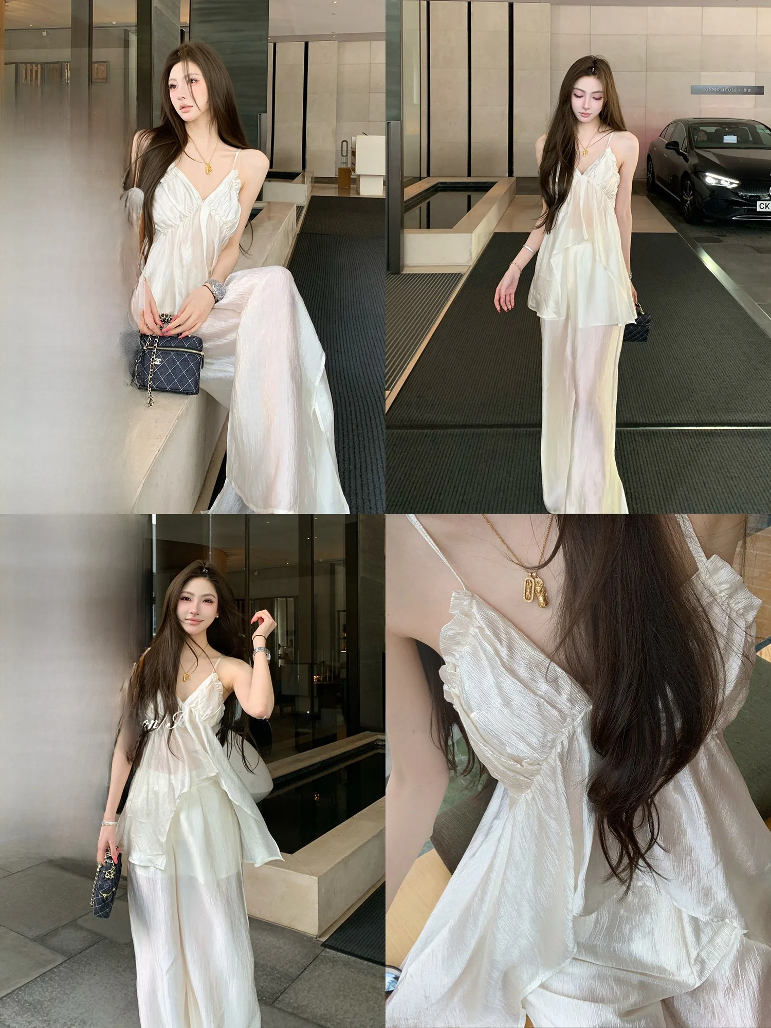 

F PROJECT Spring Textured Acetate Strap Vest Casual Wide Leg Pants Two-Piece Set Women's Fashion Spring Outfit