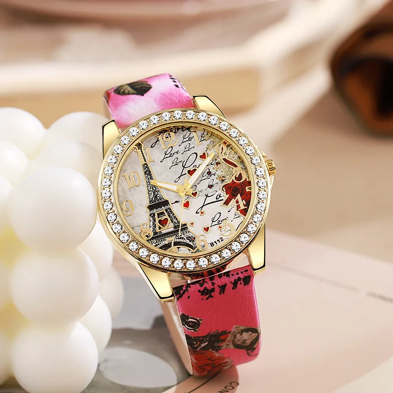 Fashion Large Dial Ladies Quartz Watch Romantic Eiffel Tower Design Women Leather Clock Gift Dress Watches image 3