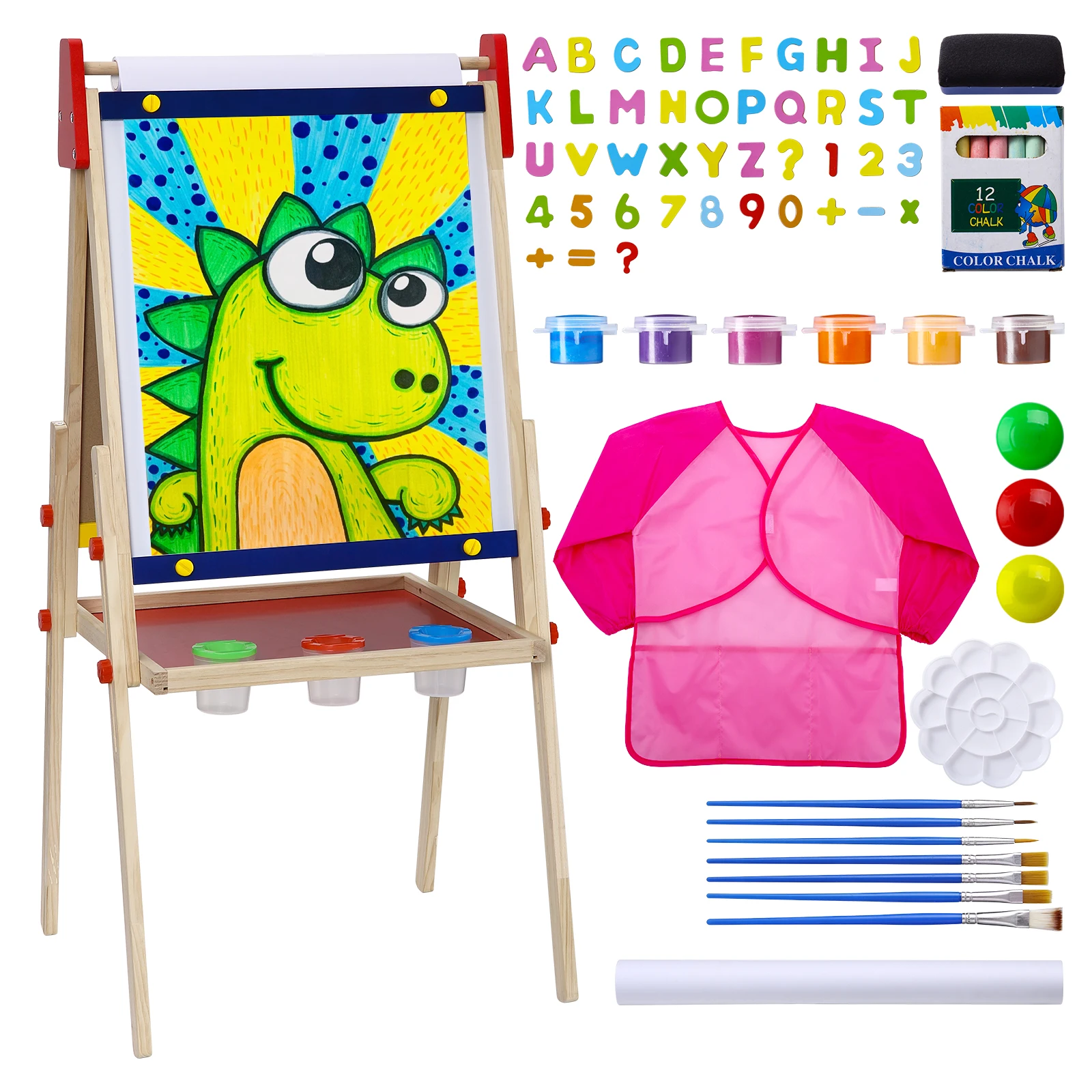 Adjustable Wooden Kids Easel with Paper Roll, Double Sided Drawing Board with Magnetic Chalkboard, Art Set for Toddlers 3+