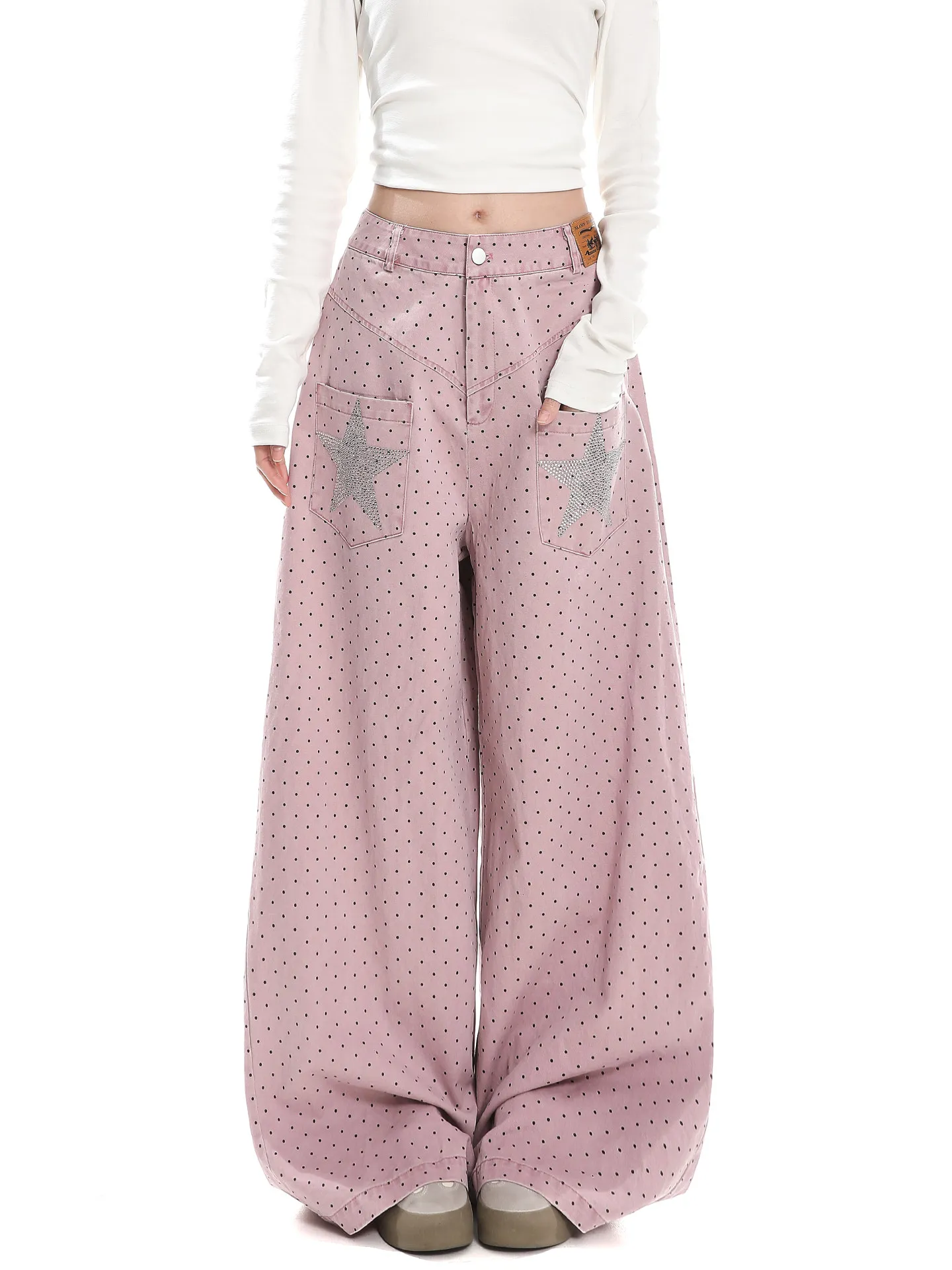 Retro American Polka Dot Star Rhinestone Multi-Pocket Loose Wide Leg Denim Jeans for Women Spring New Style Trendy Cotton Nat...