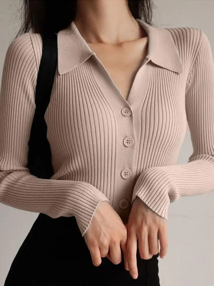 AOSSVIAO 2024 Ladies Buttons Sexy V Neck Long Sleeve POLO Neck Knit Cardigan Sweater Women Lapel Slim Tops