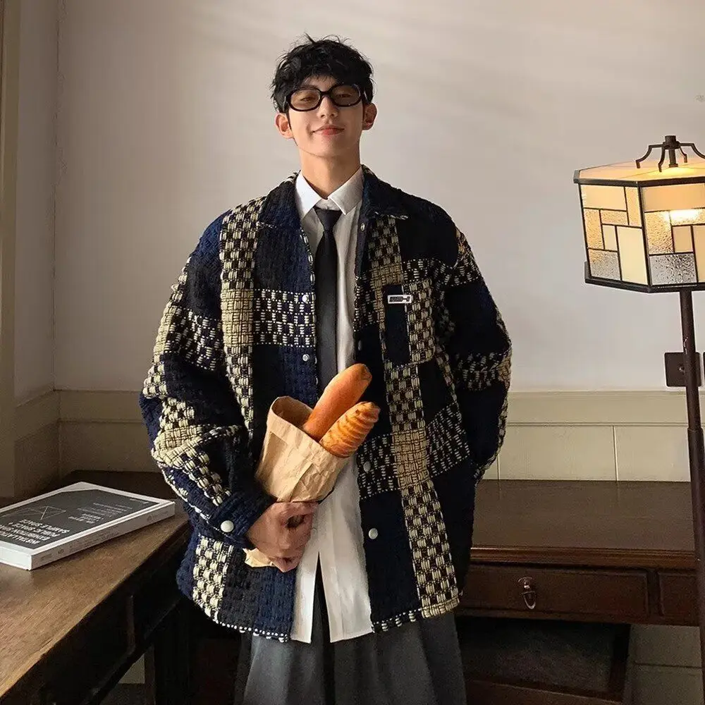 

Premium Plaid Casual Jaet Men's Autumn Winter New Sle Trendy Collar up Jaet Top Stand Fit Button Decoration Other