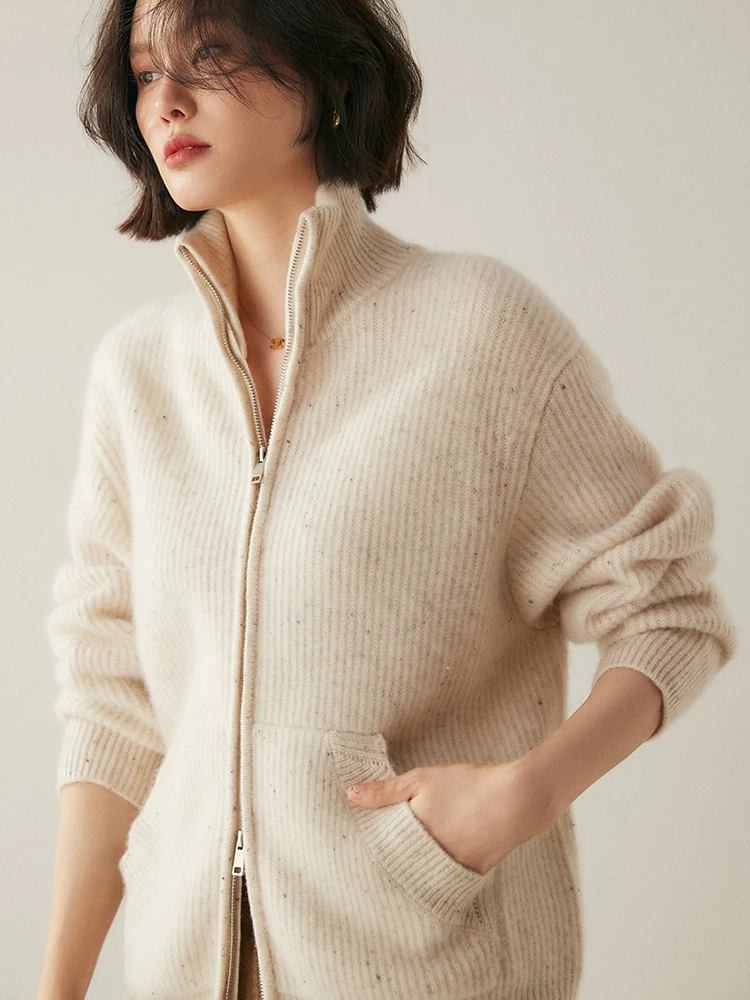 

Women Cashmere Mock Neck Cardigan Zippers Sweater Colorful Dots Style Long Sleeve 100% Cashmere Knitwear Autumn Winter Soft Tops