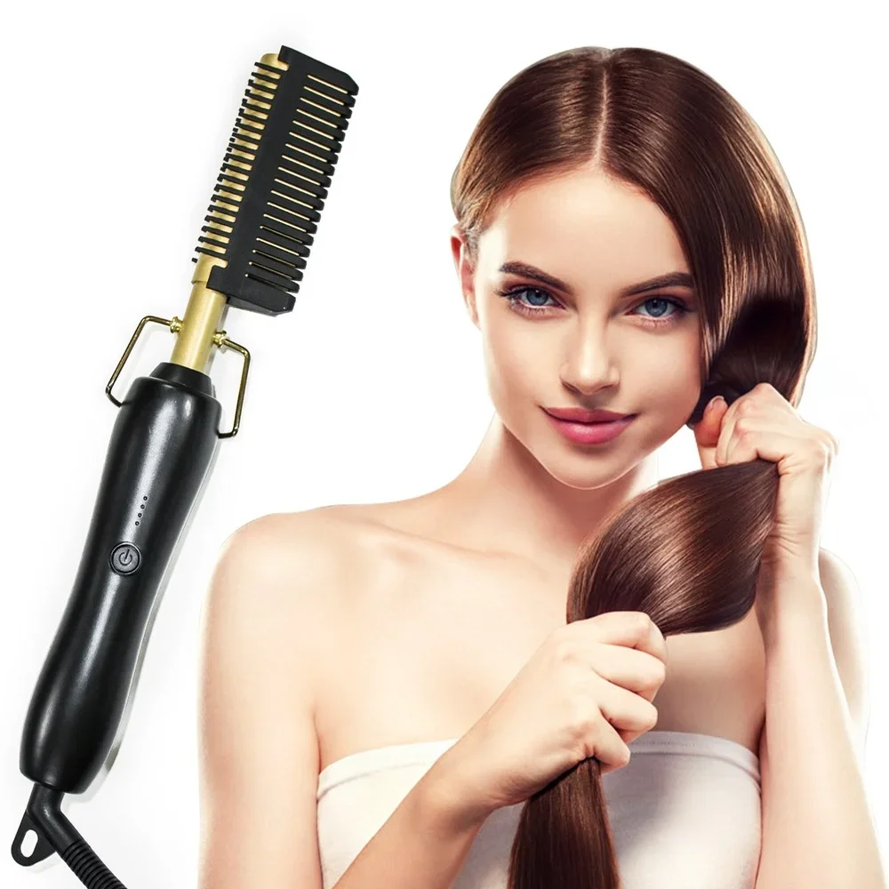 Plancha plana con cepillo térmico para rizar y ondular el cabello, alisador eléctrico de pelo con temperatura ajustable para mujer