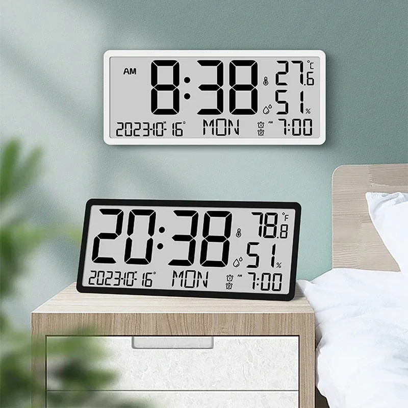 

Large Number Electronic Wall Clock Temperature Humidity Display Alarm Clock Hanging/Desktop Digital Clock Plugged in LCD Clock