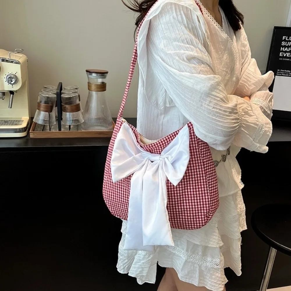 

Vintage Lattice Bow Shoulder Bag Cloth Japanese Style Plaid Shoulder Bag Commuting Leisure Canvas Tote Bag Women