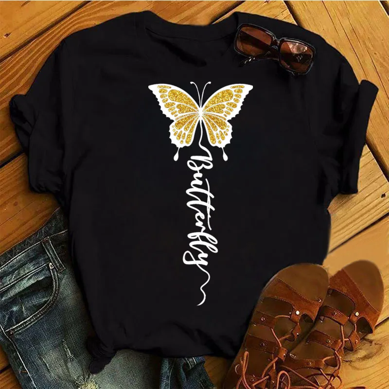 

Golden Butterfly Print Women T Shirt Short Sleeve O Neck Loose Women Tshirt Ladies Tee Shirt Tops Camisetas Mujer