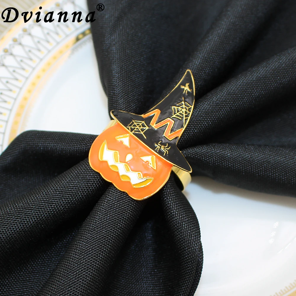 Halloween Napkin Ring for Thanksgiving, Horror Assustador, Laranja Abóbora, Black Witch Hat, Guardanapo Titular Anel, Holiday Party, HWH45, 6pcs