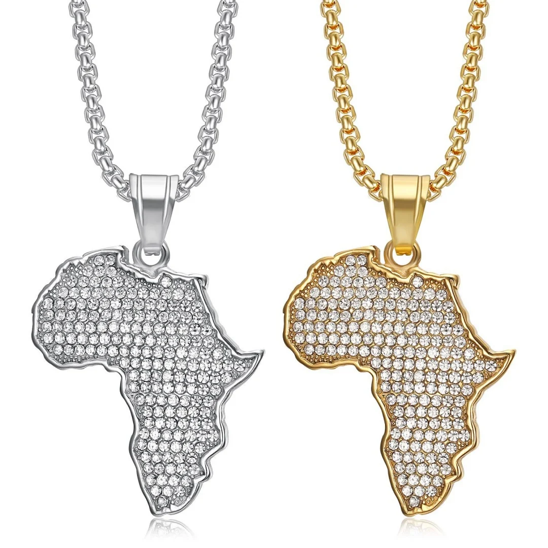 

Hiphop Iced Out Tennis African Africa Map Pendant Gold Silver Color Stainless Steel Zircon Rapper Necklace for Men Women Jewelry