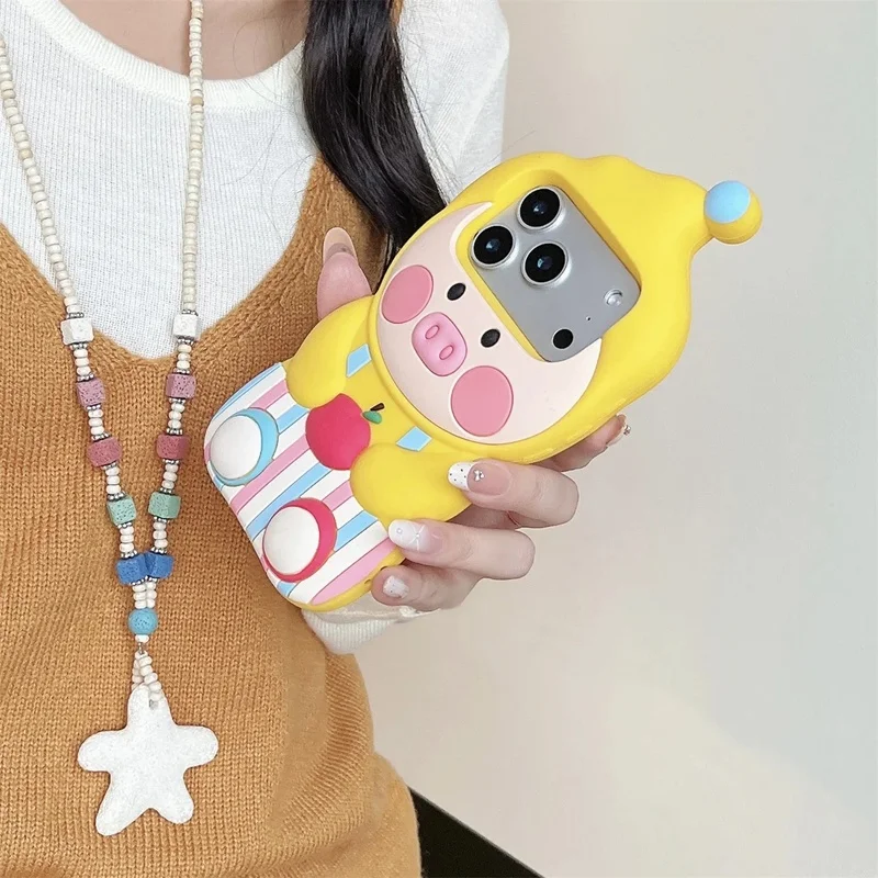 Cute Cartoon Striped Overalls Pig Soft Silicone Phone Case For iPhone 18 17 16 15 14 13 12 Pro Max Shockproof Protective Cover
