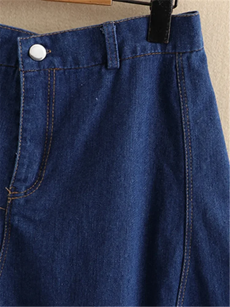 Plus Size Women's Denim Skirt Elastic Belt Button Loose Big Hem  Knee-Length Thin Denim Fabric Splice Umbrella