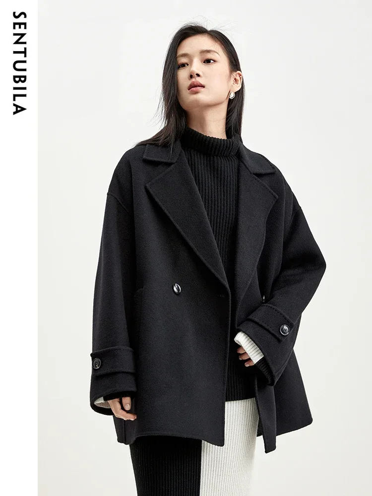 SENTUBILA Black Mid Length Woolen Coat Women 2024 Winter 100% Wool Loose Double Sided Notched Collar Autumn Coat Lady W44O58511X