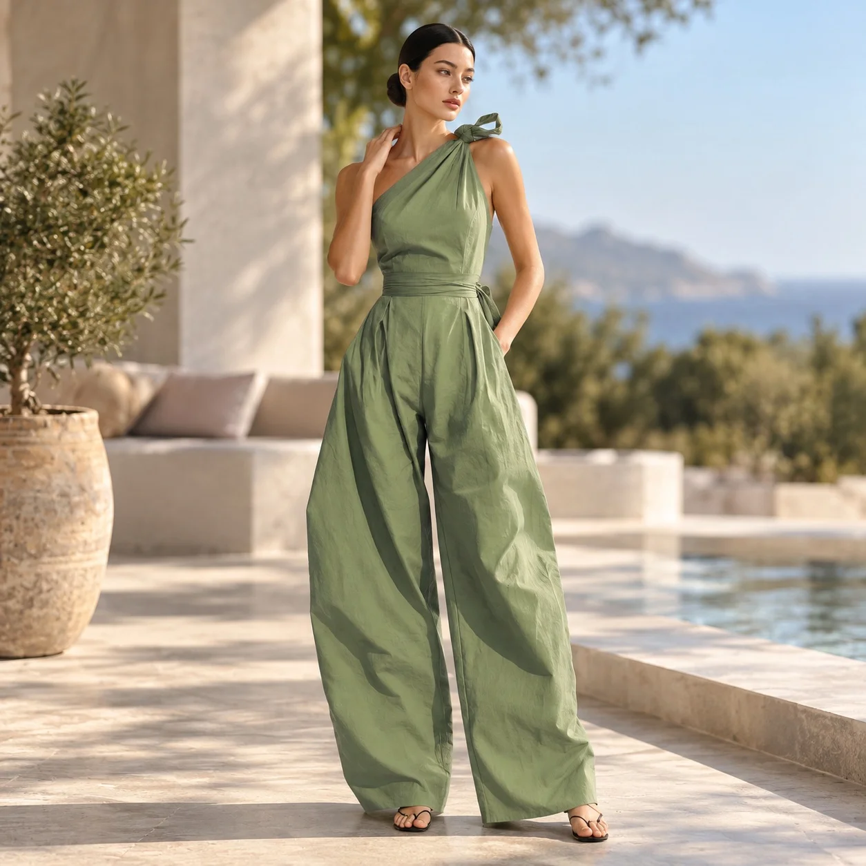 Sleeveless Wide Leg Pants Mid Rise Fresh Sweet with Full Length Off Shoulder Lazy Style No Stretch Lightweight Women Jumpsuit