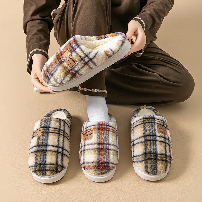 Winter Platform Slippers for Women Checkered Plush House Shoes Non-Slip Warm Maternity Recovery Booties Indoor Use
