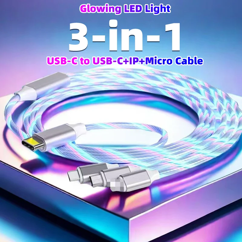 Glowing LED Light USB-C 3IN1 cable Phone Fast Charging Charger Luminous Type C Cable For Samsung Xiaomi iPhone Phone Accessories