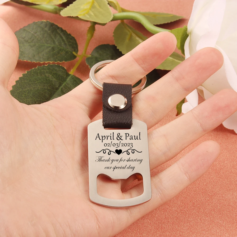 Custom Bottle Opener Name Date Keychain Laser Engraved Steel And Leather Keyring Holy Communion Baptism Wedding Gifts For Guests