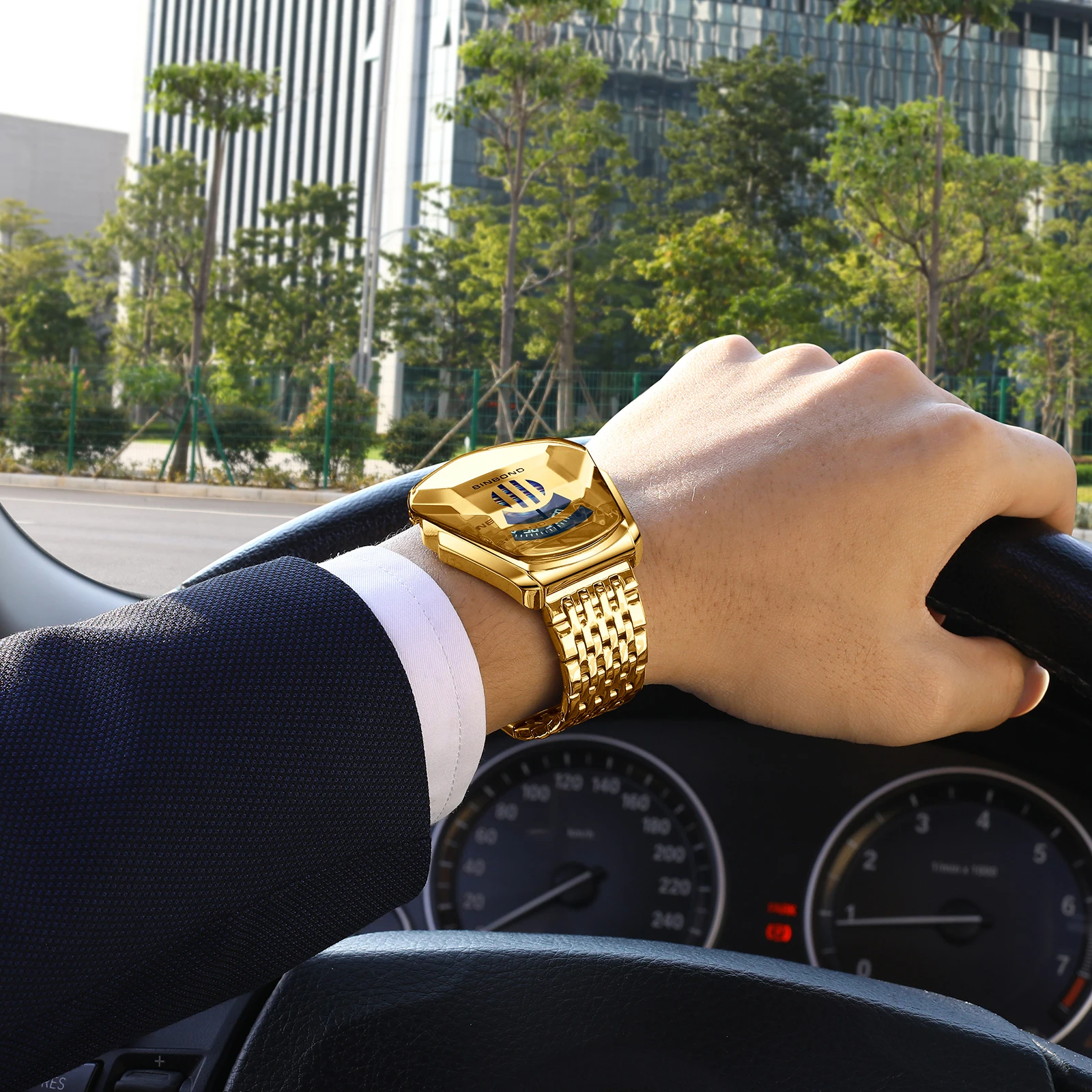 빈본드 01 패션 럭셔리 유니크 밀리터리 모터사이클 스테인리스 스틸 비즈니스 스포츠 남성용 골든 시계 스타일 컨셉 박스 포함