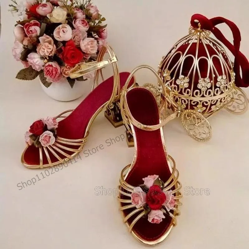 Flower Decor Metal Birdcage Heel Court Style Sandals Ankle Buckle Strap Women Shoes New Fashion Banquet 2024 Zapatos Para Mujere