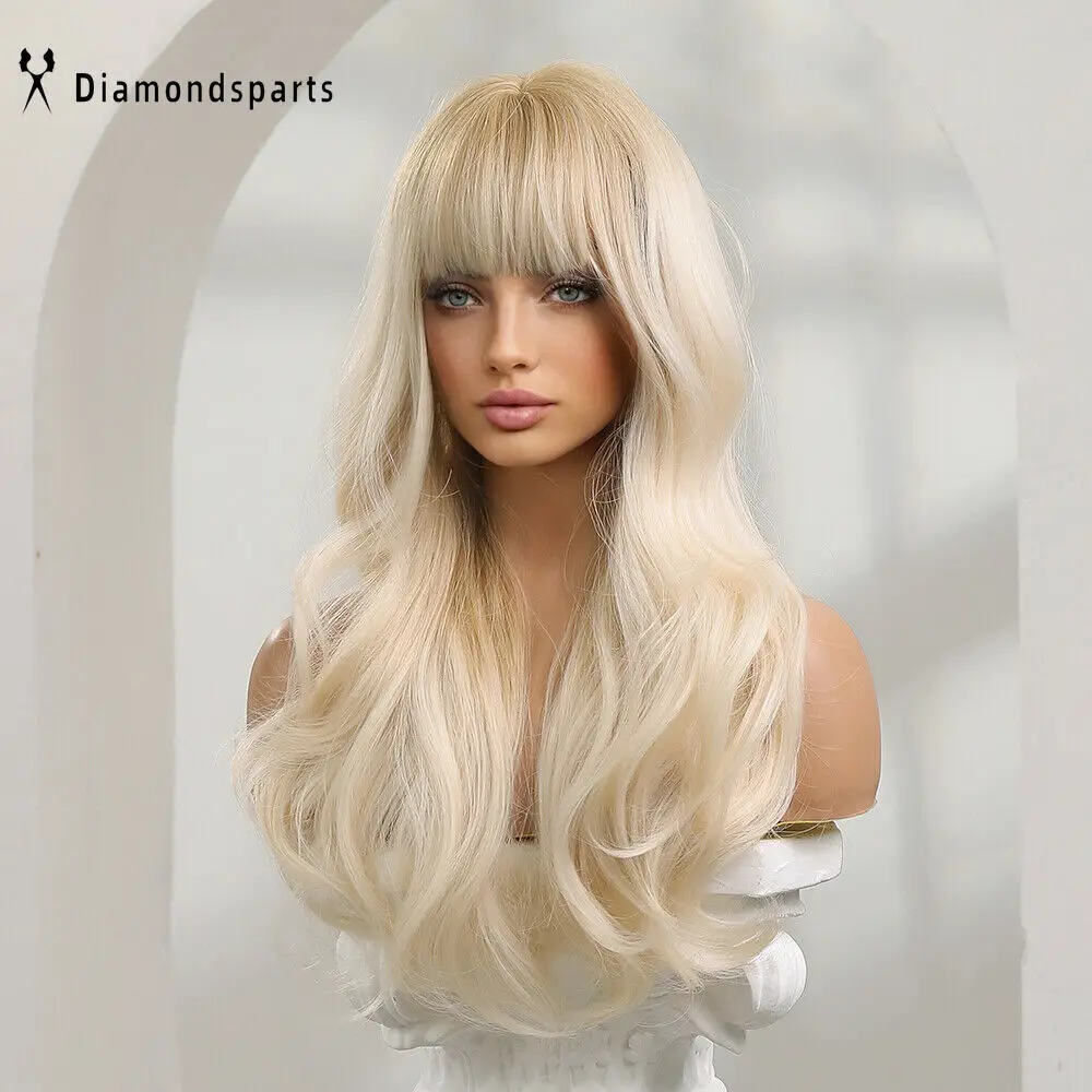 Women Fanshion Wig Long Wavy Platinum Blonde Hair Wigs with Bangs Daily Use US