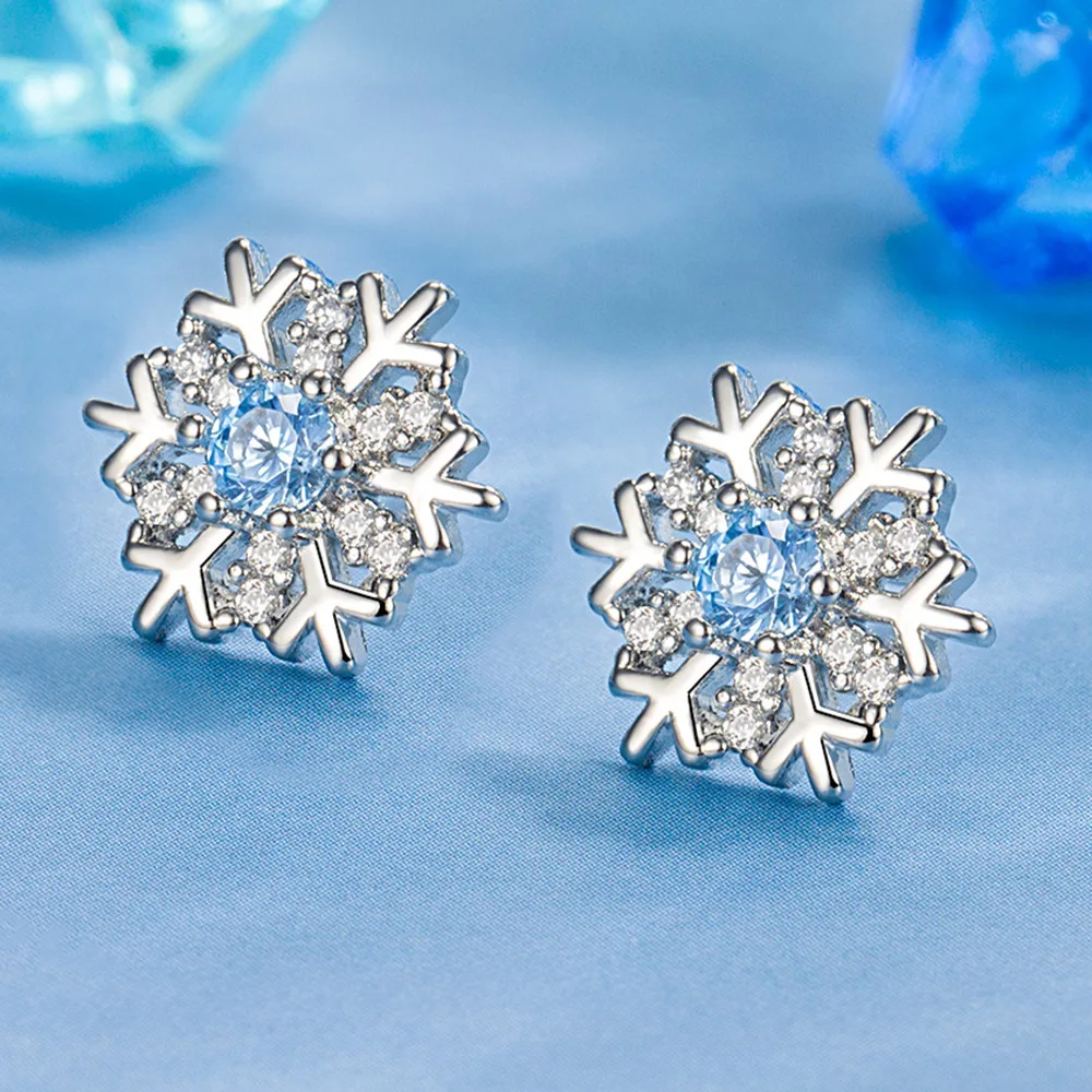 925 Sterling Silver Earrings Blue Zircon Snowflake Earrings For Women's Charm Jewelry Christmas Gift