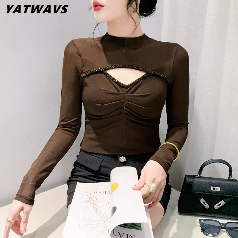 New Arrivals European Streetwear Girl Sexy Hollow Out Beading T-shirt Autumn Women Long Sleeves Tees Clothes Chic Slim Mesh Tops