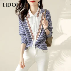 Spring Autumn Polo-neck Patchwork Long Sleeveless Shirt Female Loose Casual Buttons All-match Top Women Elegant Fashion Blouse