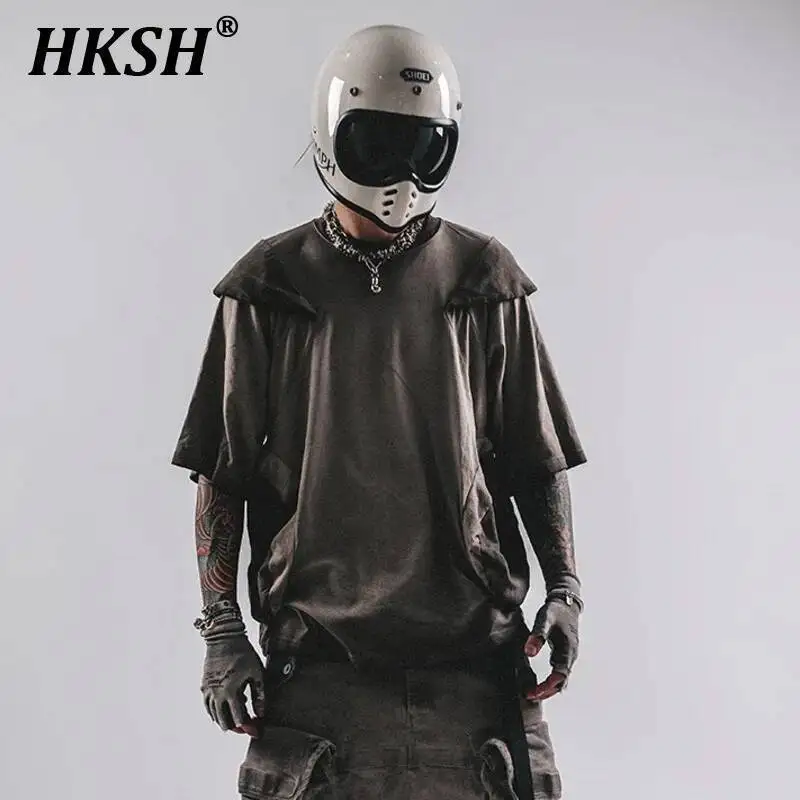 

HKSH Summer Men's Tide Punk Techwear Mesh Spliced Cut Three-dimensional Design Tees Niche Waste Land Dirty Washed T-shirt HK4679