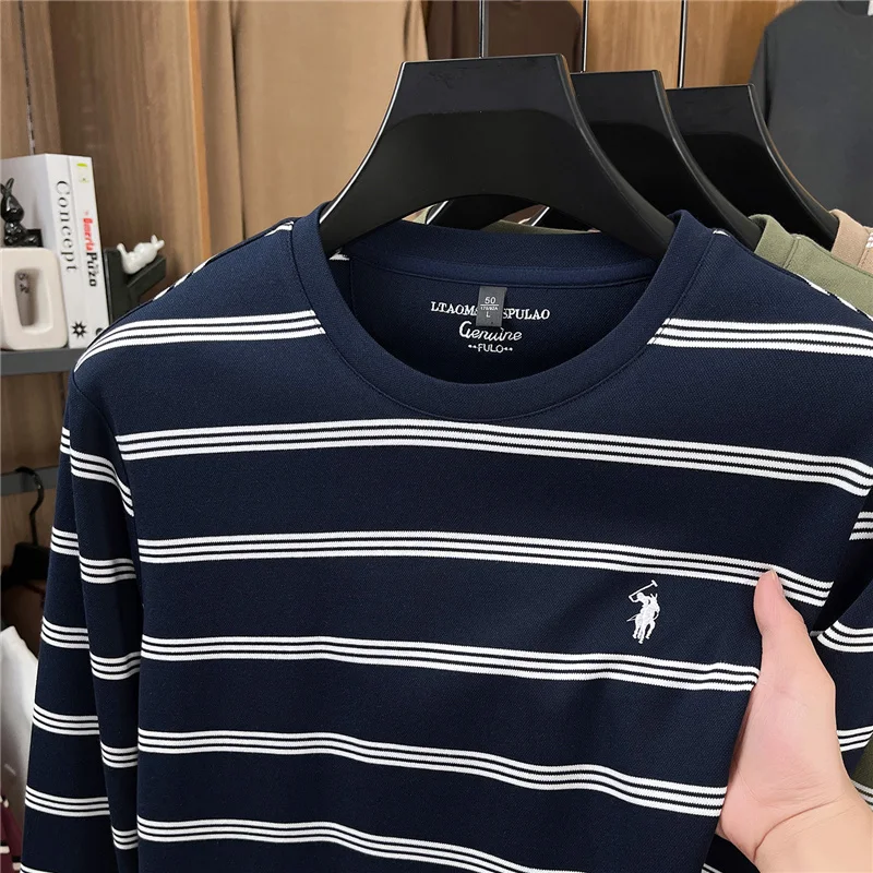 

Легкая роскошная модная брендовая футболка Paul из 100% хлопка с длинными рукавами, мужская рубашка-поло с круглым вырезом, полосатый осенний топ, деловой повседневный