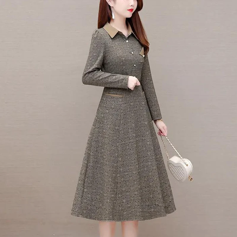 Autumn Winter Polo-neck Elegant Fashion Waist A-line Dress Female Vintage Printing Long Sleeve Belt Robe Women Casual Vestidos