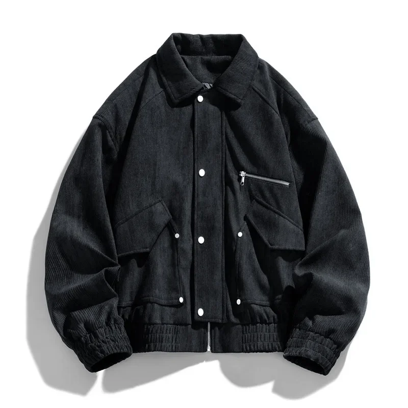 

Man Cargo Coat Autumn Vintage Turn Down Collar Solid Color Male Outerwear Long Sleeve Pocket Zipper Soft Loose Men Jacket