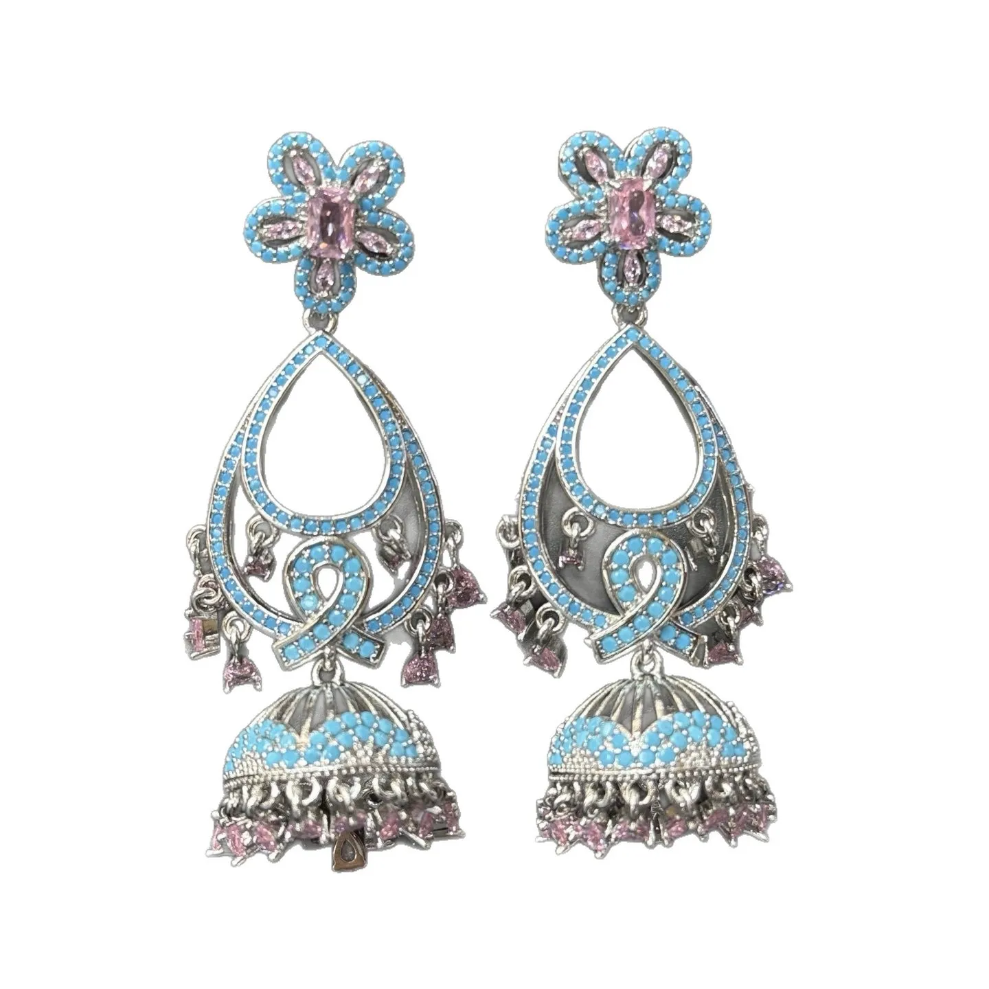 Women Retro Ethnic Wind‑Chime Shape Earrings Inlaid Zircon Flower, Full Paved Sparkling Dangle Earrings Party Jewelry Gift