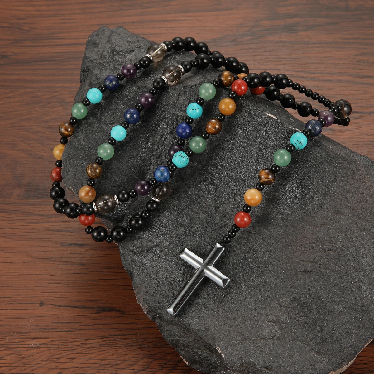 8mm colorful Beads Chakra Cross Pendant Necklace for Men and Women Jewelry Gift