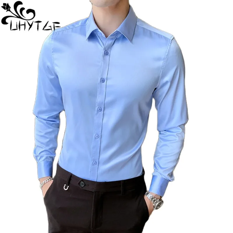 

UHYTGF Long-Sleeved Shirts For Men Fashion Trend Solid Color Thin Ice Silk Autumn Blouses Male Korean Slim Tops Coat Camisas 318