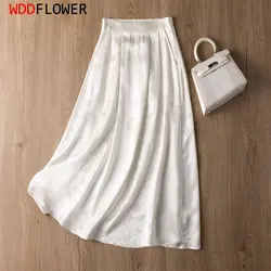 Women Silk Skirt 50% Mulberry Silk Blend Elastic Waisted Jacquard Solid White Chic Luxury Midi Long Skirts MM855