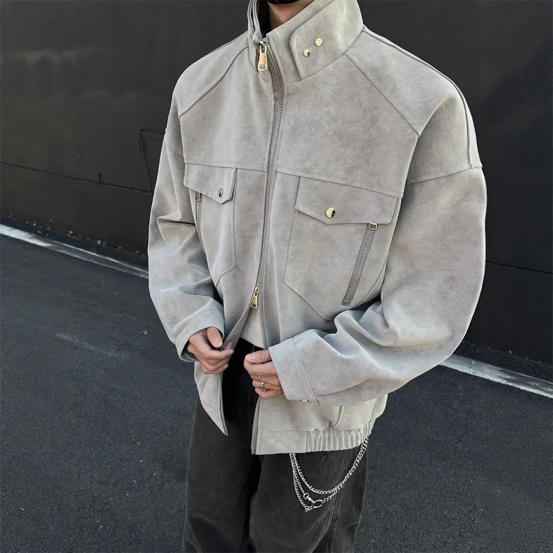 Jaqueta de couro pu masculina outono e inverno gola alta americana retrô roupa de trabalho jaqueta de couro masculina roupas masculinas