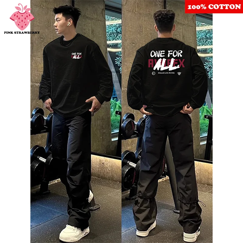 

American Street black Long sleeved T-shirt Men Autumn 2025 New 100% Cotton sports Gym Casual Loose T-shirt Top Y2k Male clothing