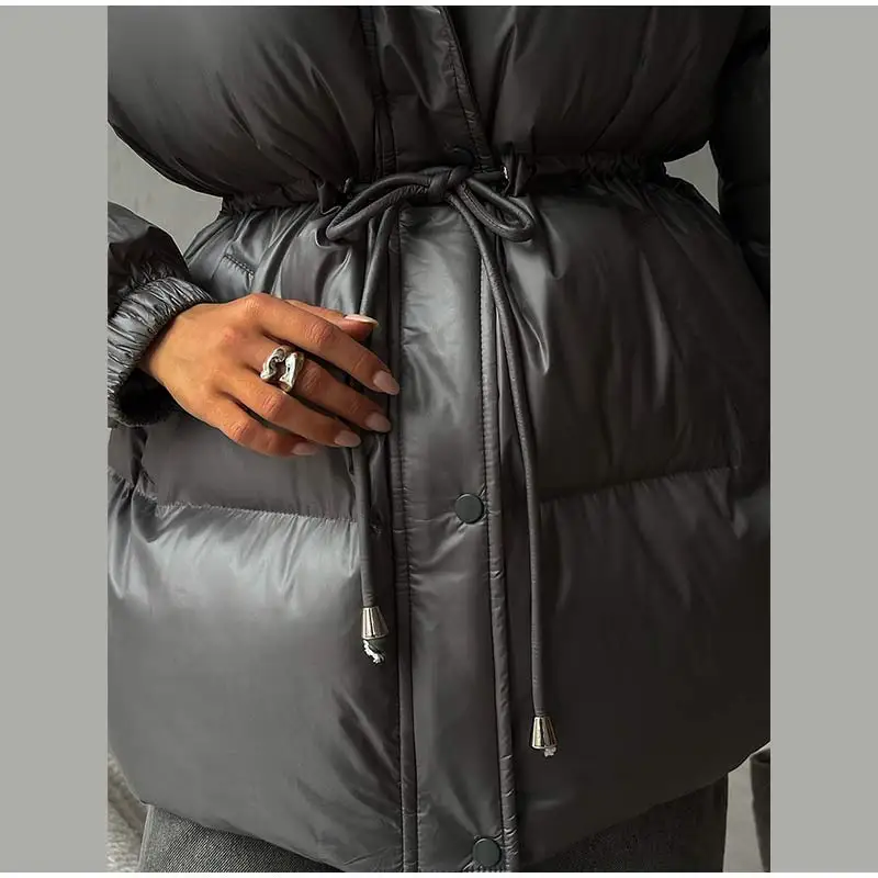 Women's Winter Jacket Hooded Drawstring Zipper Stand-Up Collar Lace Up Winter Jacket Female Loose Casual Chic Jackets For Ladies