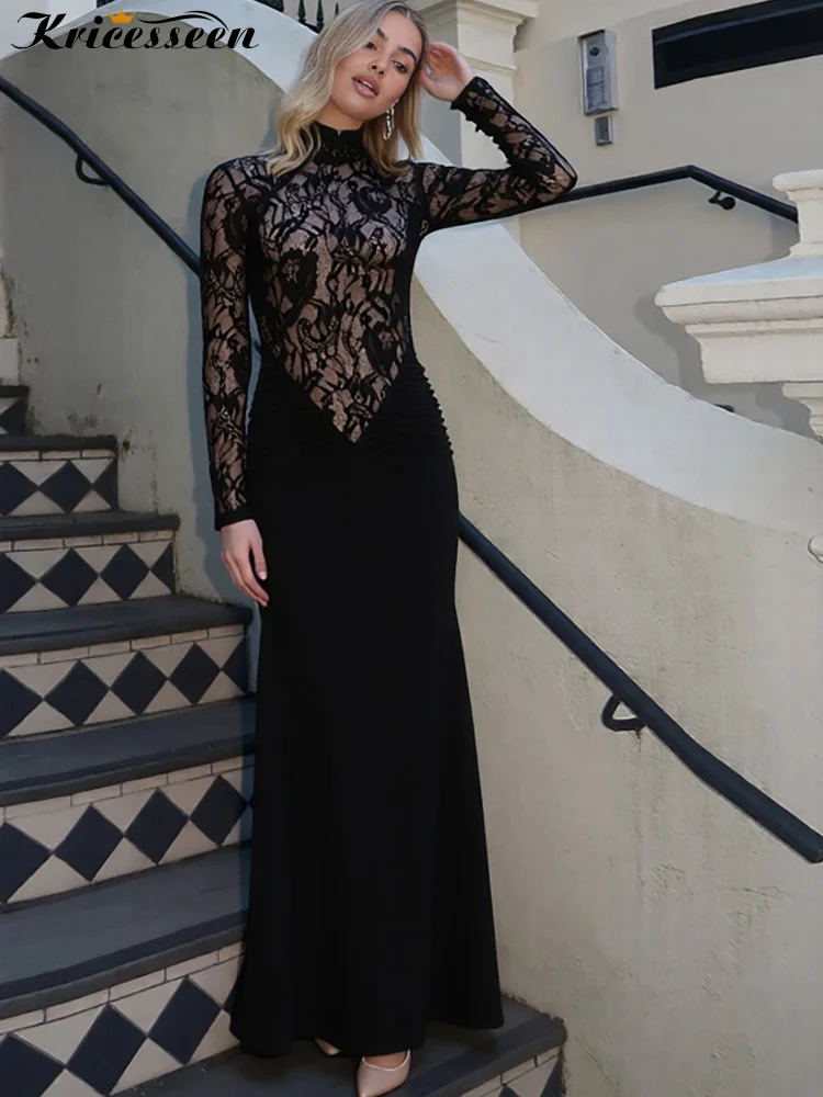 Kricesseen Sexy noir dentelle pure Patchwork à manches longues robe Maxi femmes col haut formel fête boîte de nuit porter moulante