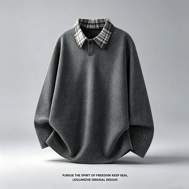 Mens Plaid Collar Long Sleeve Polo Shirt Autumn Textured Knit Loose Fit Casual Tops Contrast Collar Design Daily Wear Pullover image 3
