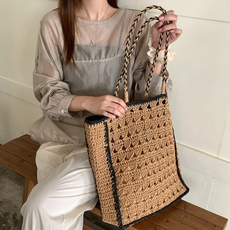 

Summer Bohemian Hollow Out Beach Bag Women's Large Capacity Hand-made Paper Weaving Shoulder Bag Casual Shopping Totes Sac