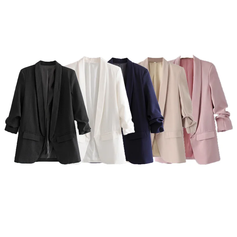 YUEYANG Women Fashion Office Wear Open Blazer Coat Vintage Long Pleated Sleeves Flap Pockets Female Outerwear Chic Tops