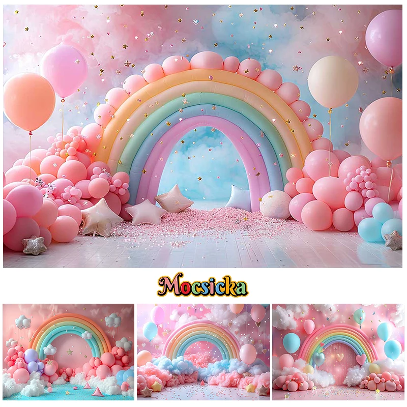 

Mocsicka Photography Background Dream Arch Rainbow Balloon Decor Girls Kids Birthday Party Cake Smash Backdrop Photo Studio